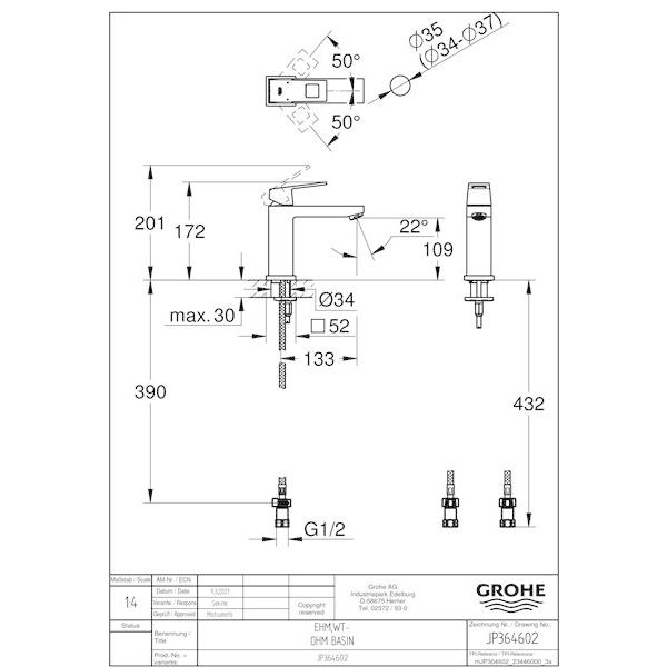 GROHE[グローエ]洗面用水栓 【JP 3646 02】 ユーロキューブ シングルレバー洗面混合栓(引棒なし)【メーカー直送のみ・代引き不可・NP後払い不可】の画像