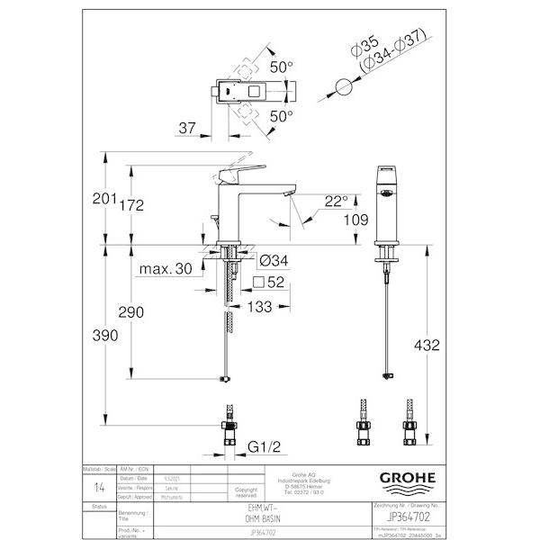 GROHE[グローエ]洗面用水栓 【JP 3647 02】 ユーロキューブ シングルレバー洗面混合栓(引棒付)【メーカー直送のみ・代引き不可・NP後払い不可】の画像