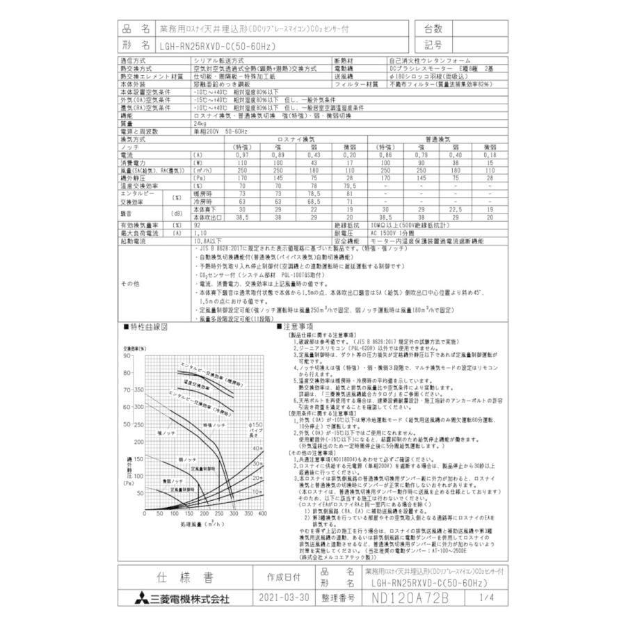 三菱電機 業務用ロスナイ 天井埋込形 24時間換気 LGH-N80RKX2 マイコン