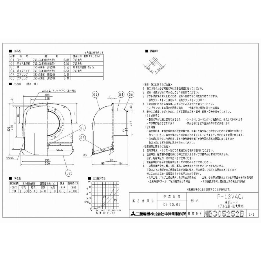 三菱 換気扇 部材 システム部材 P-13VAQ3 深形フード＜アルミ製