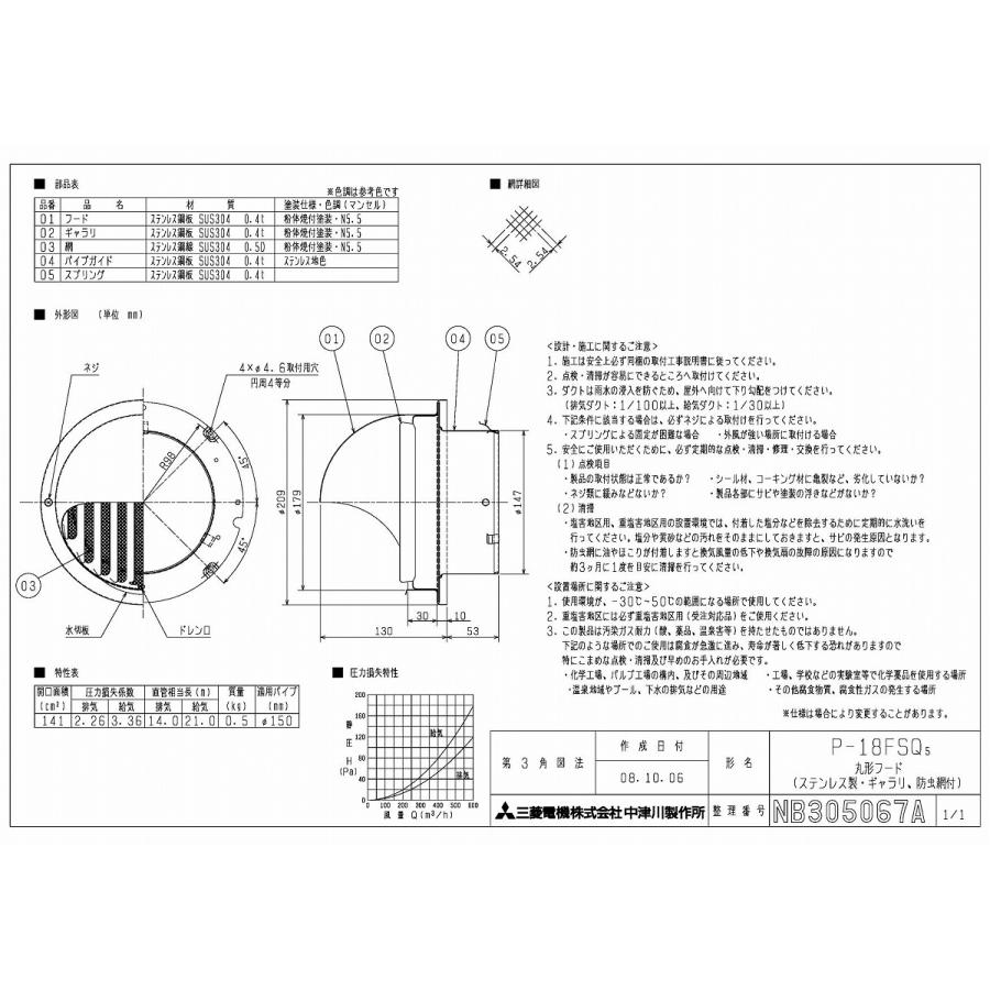 丸型フードギャラリ・防虫網付(ステンレス)(新品未開封) P-18FSQ5 三菱