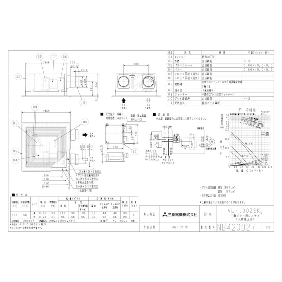 三菱ダクト用ロスナイ 換気扇 VL-100ZSK3 楽天市場】VL-100ZSK3ダクト用ロスナイ 天井埋込形 居間・事務所