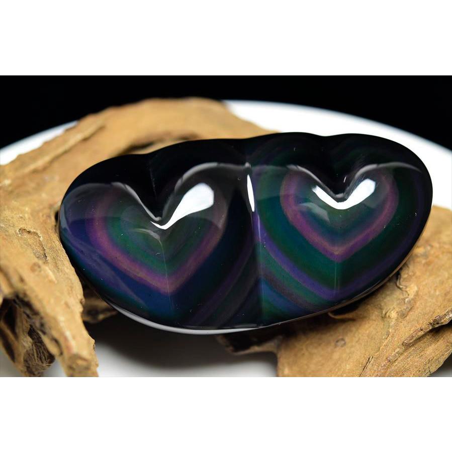 レインボー オブシディアン ダブルハート (約109.8g) 置物