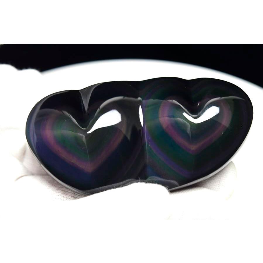レインボー オブシディアン ダブルハート (約109.8g) 置物