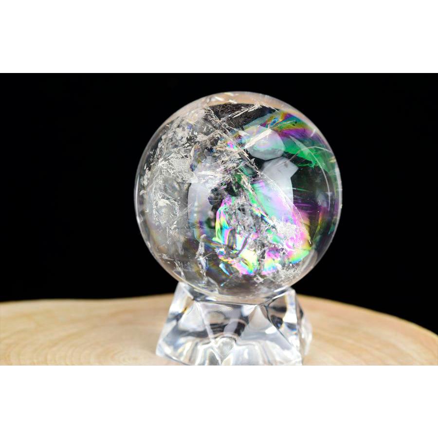 レインボー水晶 丸玉 アイリスクォーツ 天然水晶 現物画像 台座付