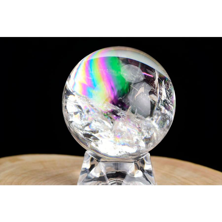 レインボー水晶 丸玉 アイリスクォーツ 天然水晶 現物画像 台座付
