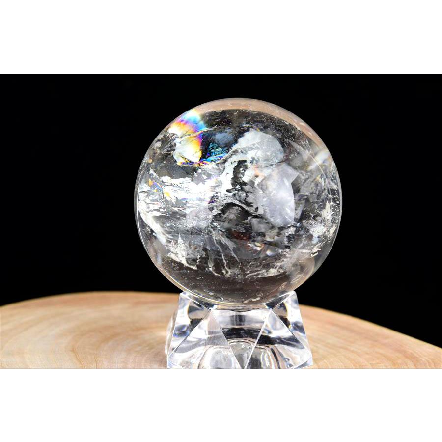 レインボー水晶 丸玉 アイリスクォーツ 天然水晶 現物画像 台座付