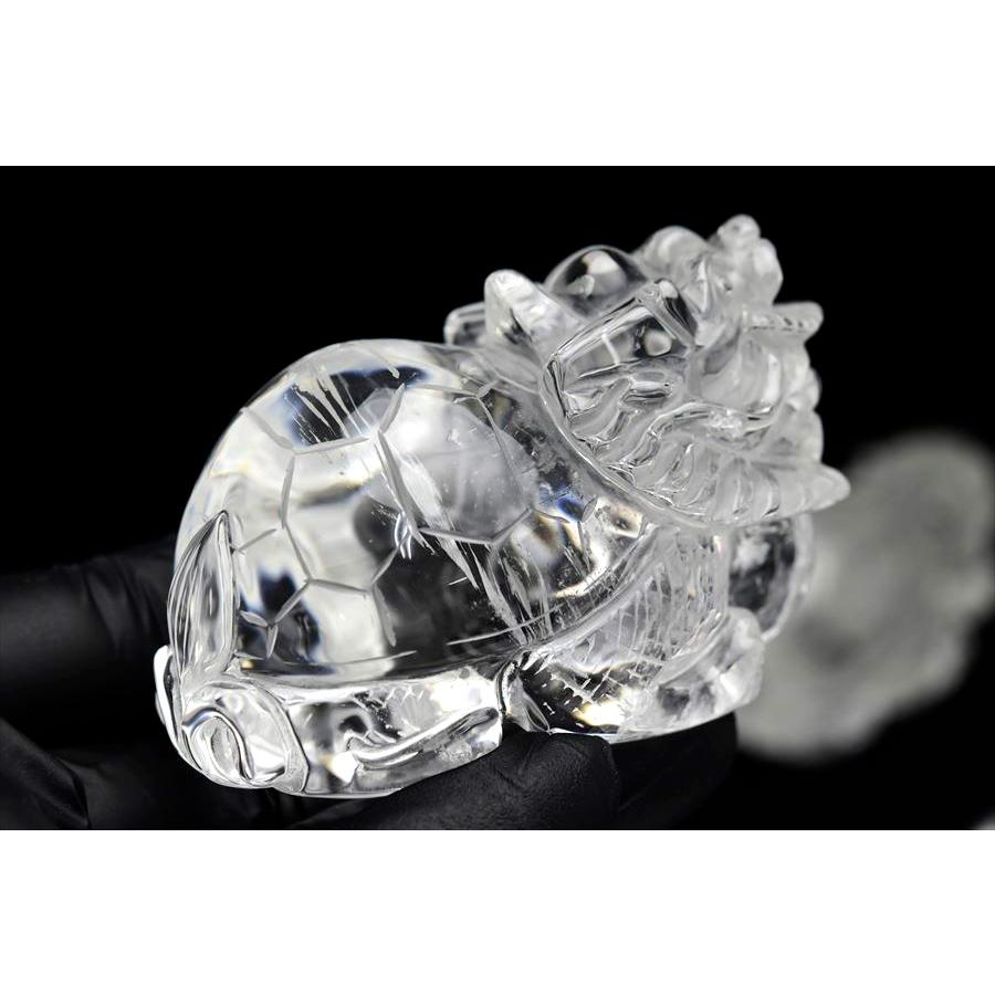正財運 天然 水晶 龍亀 ロングイ彫刻 置物 (約258.8g) 天然水晶 風水