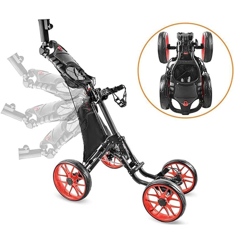 ゴルフプッシュカート ゴルフ用カート プッシュプルゴルフカート 4輪折りたたみ式ゴルフトロリー、ドリンクボトル付き開閉が簡単 アルミ合金製