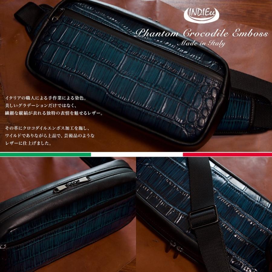 美品　牛革製　エンボス加工レザー ボディバッグ 黒 INDIEee 本革 インディ クロコダイル エンボス ファントムレザー