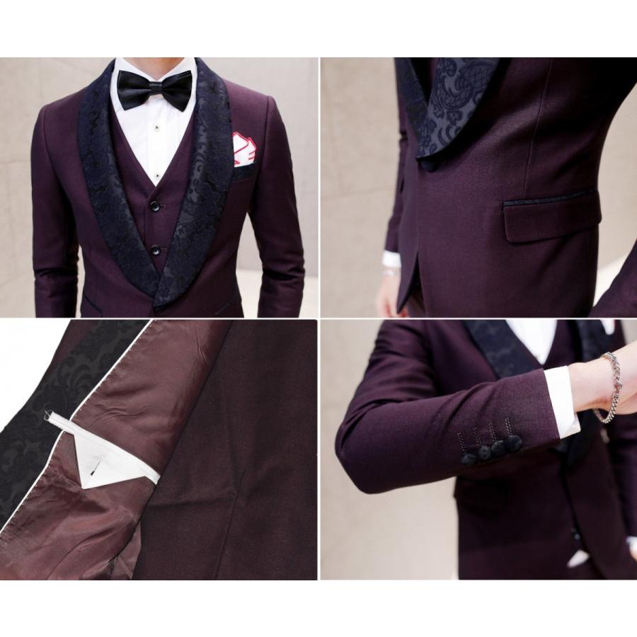 メンズ 襟ペイズリー柄 タキシード 3P セットアップ スーツ 上下