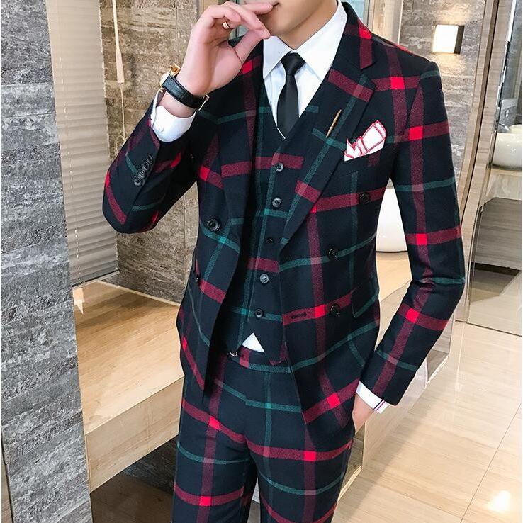 カラーライン格子 メンズ 3P セットアップ スーツ 上下セット 結婚式