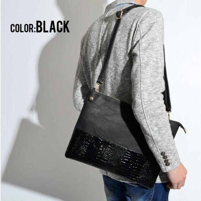 アニマルデザイン バイカラー クロコダイル 型押しクラッチバッグ バッグ セカンド ショルダーバッグ ユニセックス |  | 01