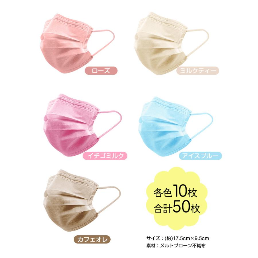 おしゃれ血色マスク 使い捨て 不織布 5色アソート 女性 女子 かわいい 淡い色合い ローズ カフェオレ ミルクティ アイスブルー いちごミルク 各色10枚 |  | 14