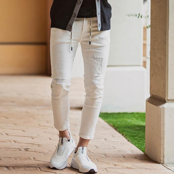 1piu1uguale3 Relax ウノピゥウノウグァーレトレ アンクル丈ダメージジョグデニムパンツ ホワイト メンズ ホワイトデニム アンクル Usb Upper Gate 通販 Yahoo ショッピング