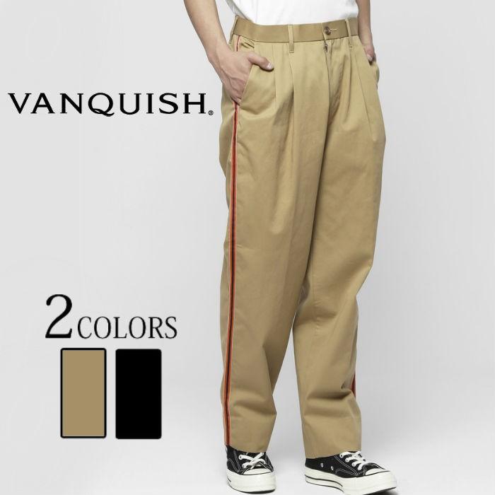 SALE 60%OFF VANQUISH ヴァンキッシュ サイドラインワイドチノパンツ メンズ ラインパンツ 太め ビッグシルエット ストリート ベージュ ブラック | VANQUISH