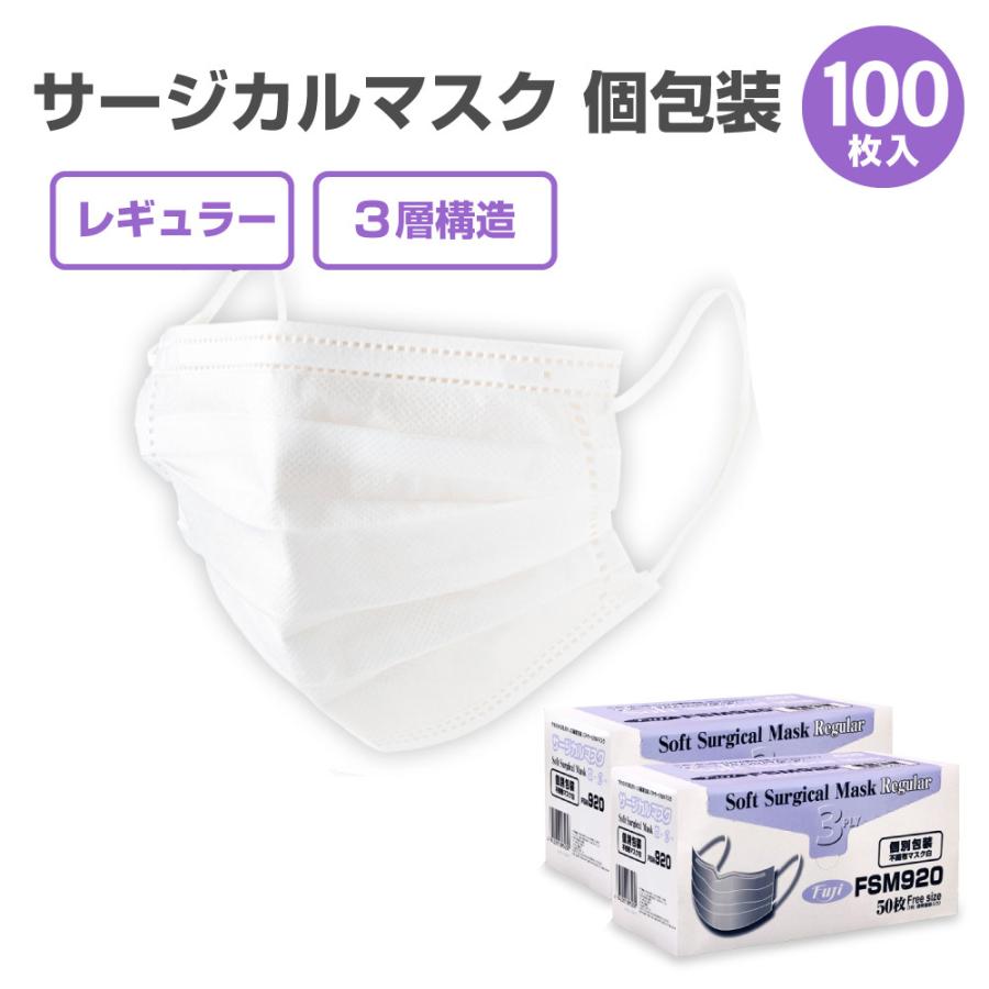 個包装 サージカルマスク ふつう 白 100枚 (50枚入×2箱) Fuji FSM920