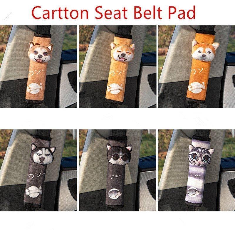 車のヘッドレスト かわいい 犬 猫 3D ソフト枕 ネッククッション ヘッドサポート シートベルトカバーパッド 内装用品