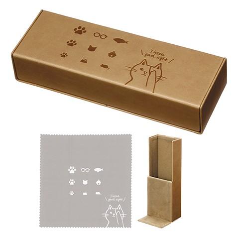 スタンドにもなるメガネケース アイテスト 猫 キャット シンプル 携帯 2WAY スタンド型 ブラウン 茶 眼鏡ケース カミオジャパン クロス付き | 