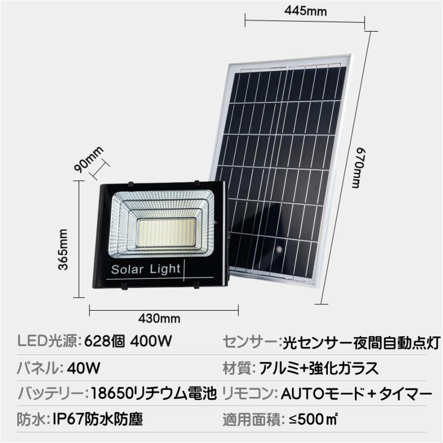 LEDソーラーライト400w 光センサー投光器 自動点灯消灯 分離式 約5mケーブル付き 大型パネル 地震対策 曇り多い日射量が少ない地域最適 - 2