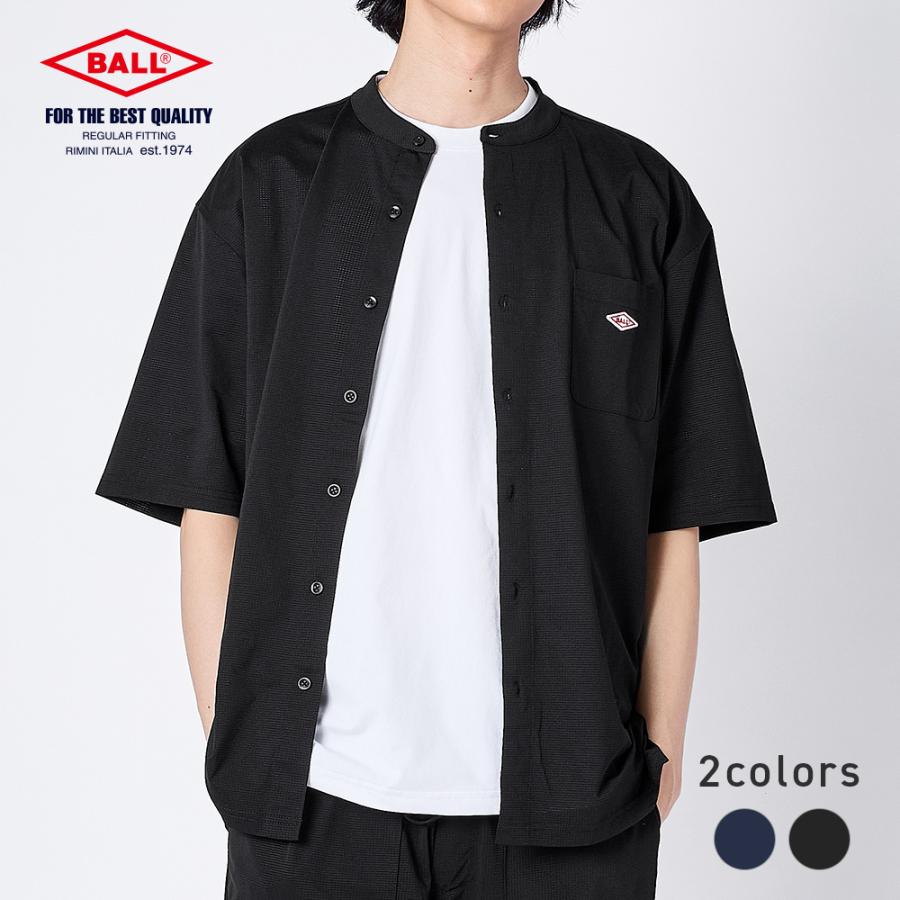 BALL バンドカラーシャツ 半袖 メンズ メッシュ ストレッチ 速乾