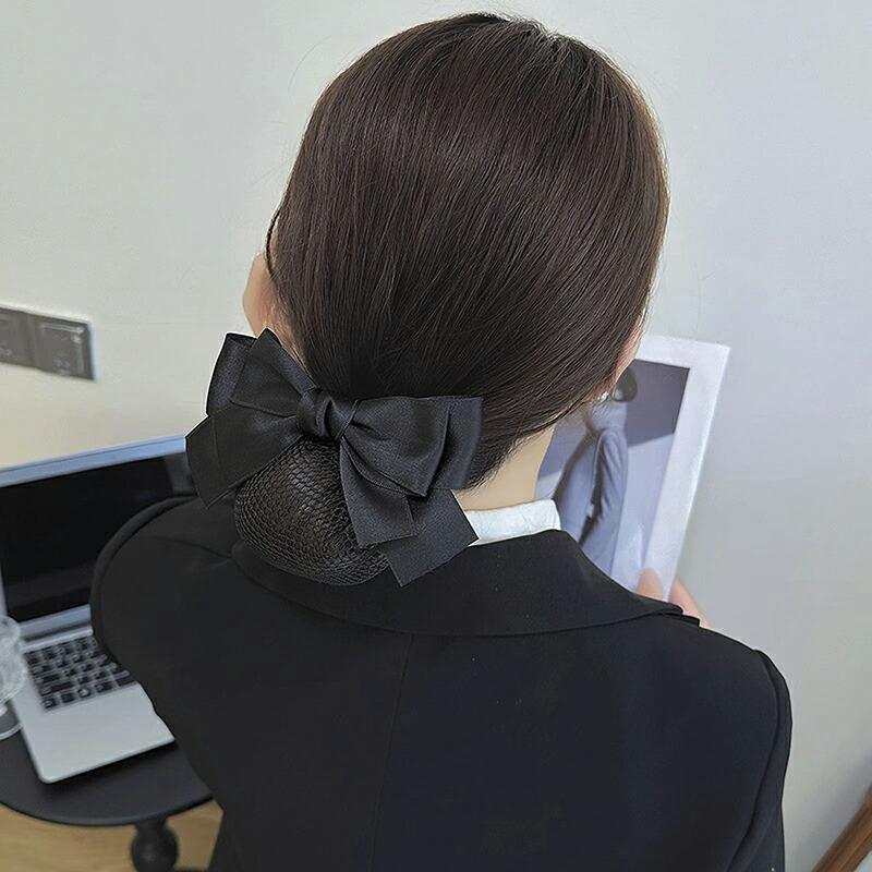 シニヨンネット バレッタ ネット付き ヘアネット お団子ネット 黒 ブラック 大きめ 髪ネット 髪留め ヘアアクセサリー リボン : うり坊 ...