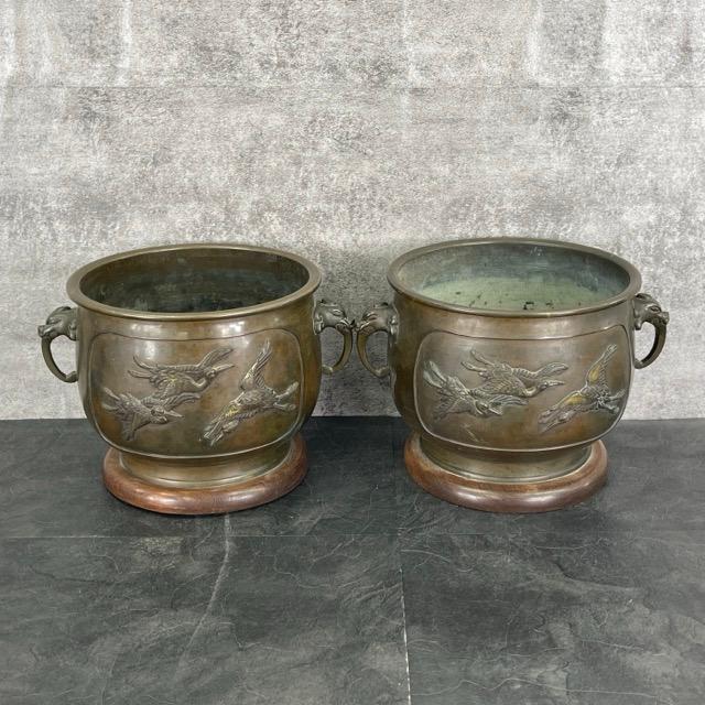 銅製 火鉢 鶴? 2点セット 【中古】約 34/26/22.5 cm 重量約3.6kg 手