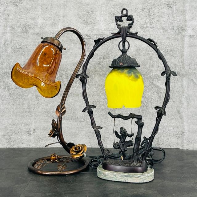 照明 2点セット 【中古】花 天使 ブランコ アンティーク 卓上ランプ 