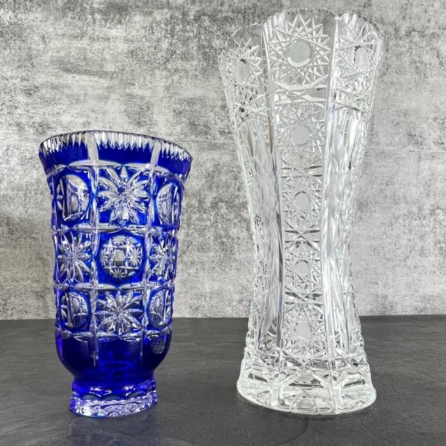 ポロニア 花瓶 POLONIA カットガラス 花瓶 青 箱つき Amazon.co.jp