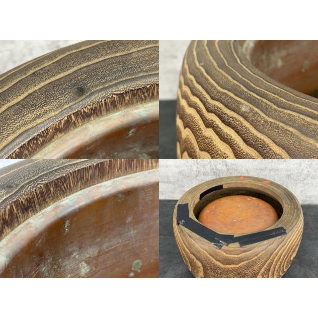 火鉢 木製 【中古】古道具 囲炉裏 和家具 銅落とし 約40×23cm 約4.1kg