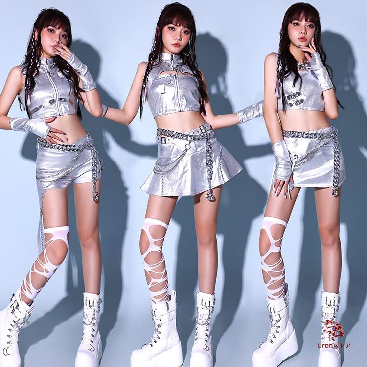シルバー アイドル衣装 韓国 ダンス衣装 セットアップ 大人 レディース かっこいい ヘソ出し スカート 短パン ヒップホップ ジャズ ステージ衣装 韓国 アイドル の商品画像