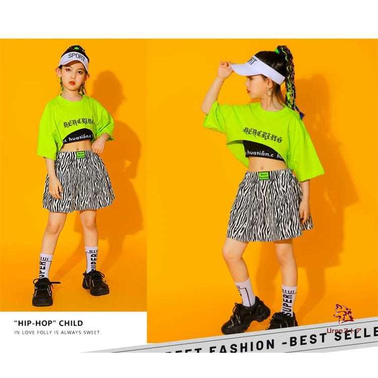 キッズダンス衣装 ヒップホップ 蛍光色 緑 ゼブラ柄 女の子 スカート