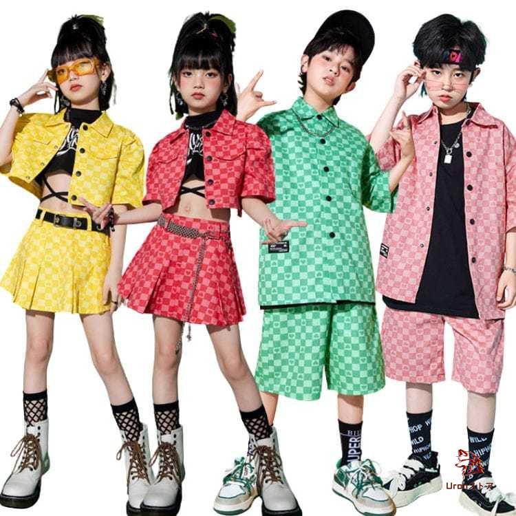 キッズダンス 衣装 チェック セットアップ ピンク レッド イエロー
