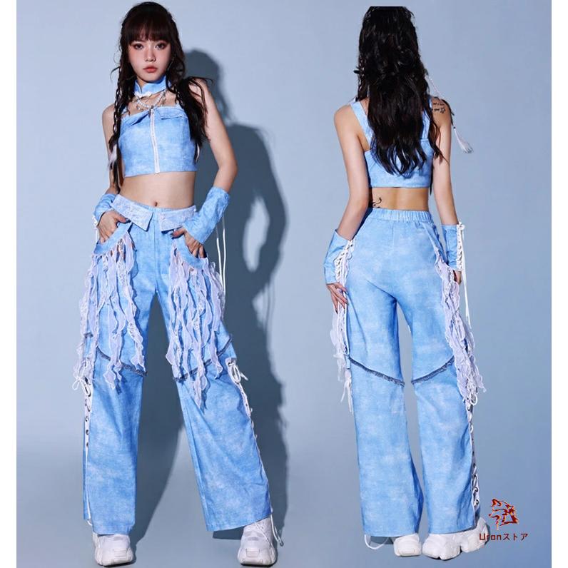 青 レディース ダンス衣装 セットアップ 韓国 アイドル衣装 ヘソ出し