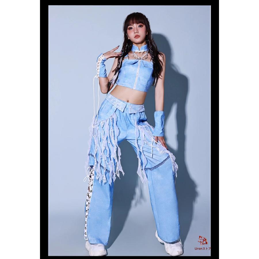 青 レディース ダンス衣装 セットアップ 韓国 アイドル衣装 ヘソ出し