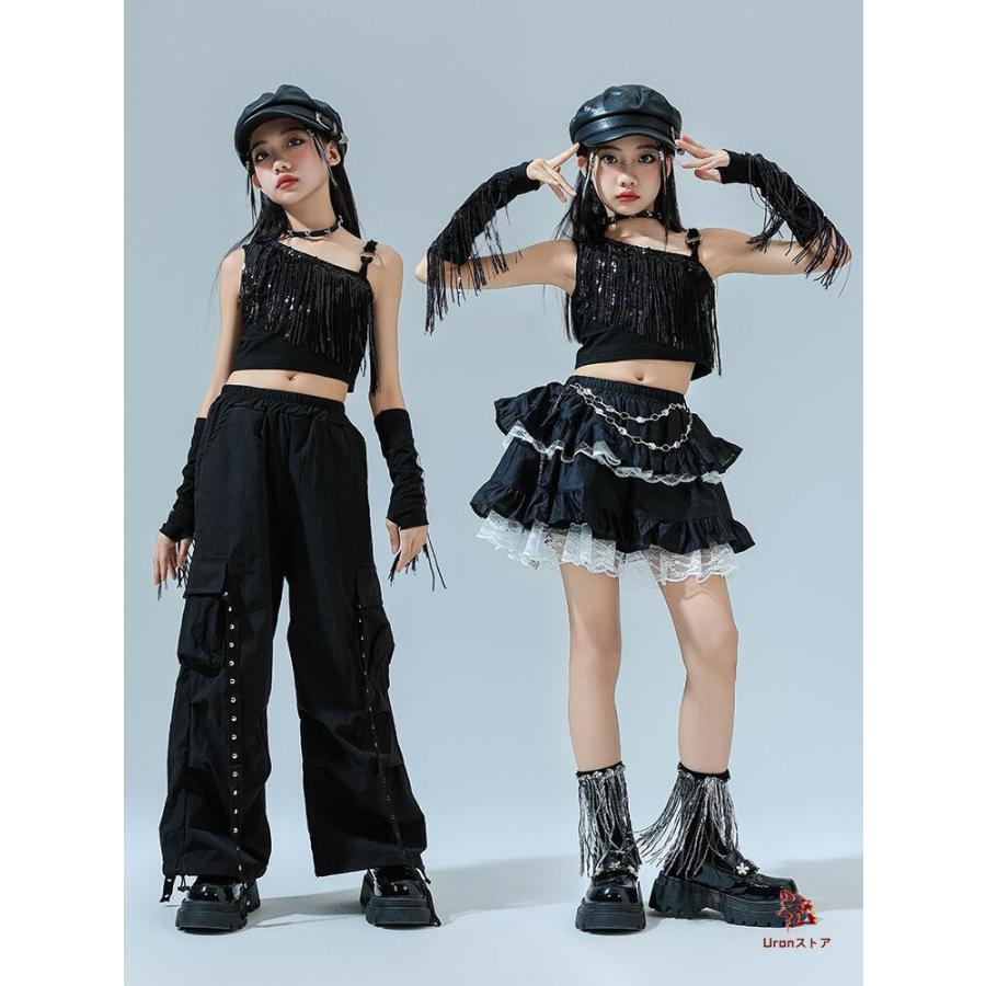 黒 フリンジ スパンコール 子供ダンス 女の子 ジャズ ダンス衣装