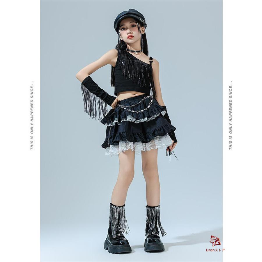 黒 フリンジ スパンコール 子供ダンス 女の子 ジャズ ダンス衣装