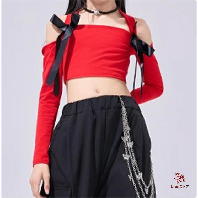 ヒップホップ 赤 黒 リボン へそ出し デザイン トップス パンツ 単品