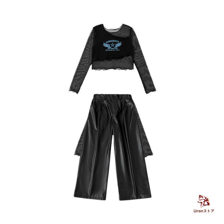 ダンス 衣装 キッズ セットアップ 黒 トップス へそ出し 袖カバー付き