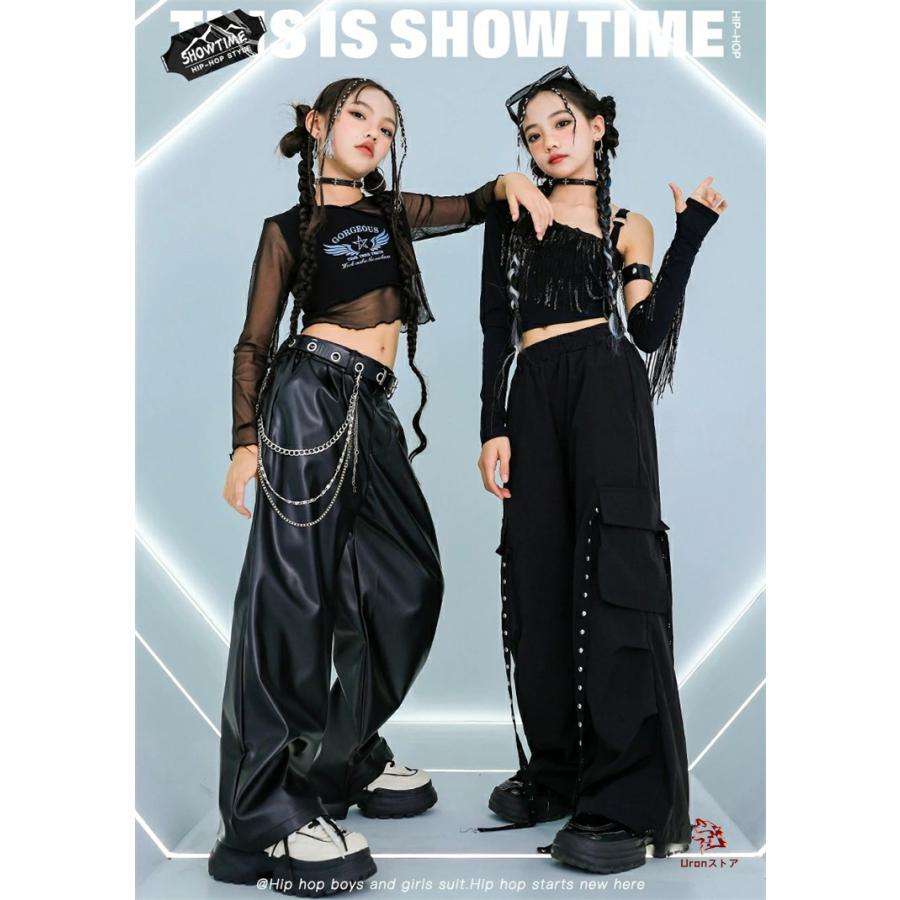 ダンス 衣装 キッズ セットアップ 黒 トップス へそ出し 袖カバー付き