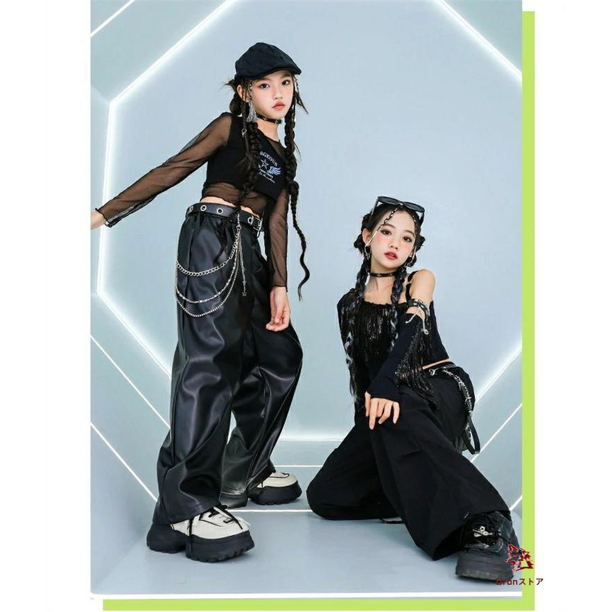 ダンス 衣装 キッズ セットアップ 黒 トップス へそ出し 袖カバー付き