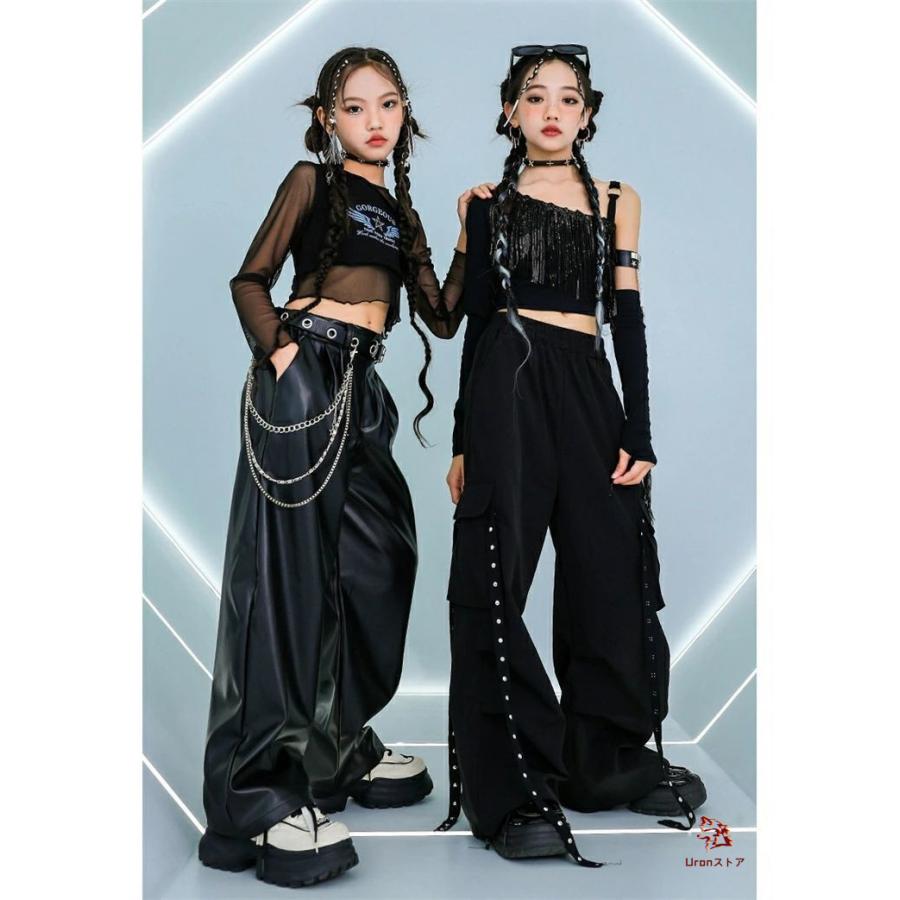 ダンス 衣装 キッズ セットアップ 黒 トップス へそ出し 袖カバー付き