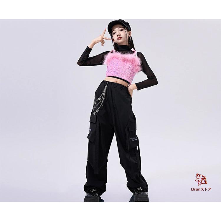 キッズダンス 衣装 キラキラ セットアップ ピンク 黒 ラメ入りブラック