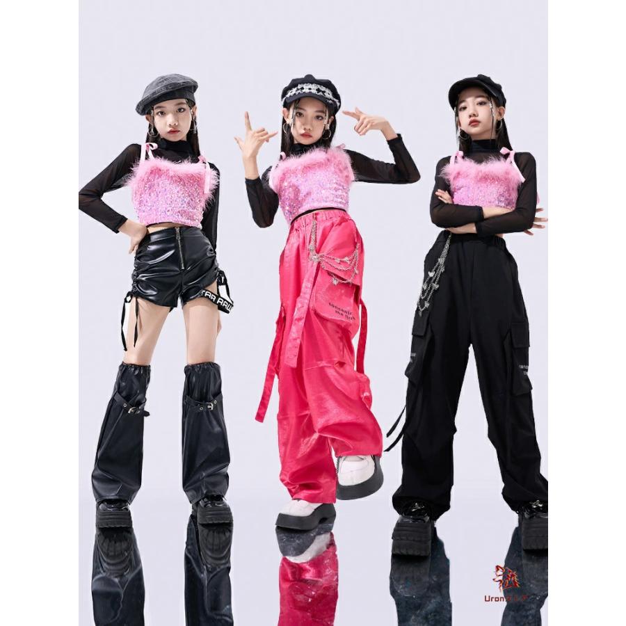 キッズダンス 衣装 キラキラ セットアップ ピンク 黒 ラメ入りブラック