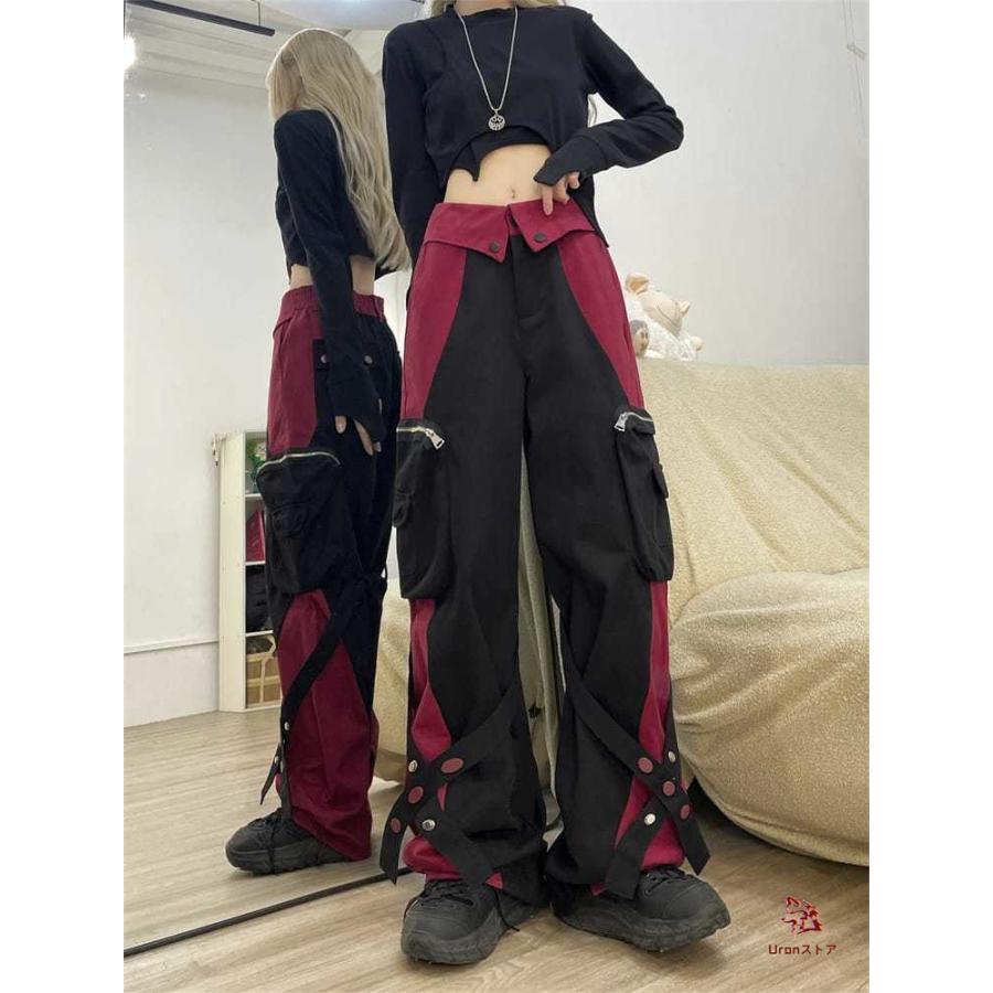 ダンスパンツ カーゴパンツ バイカラー 赤 黒 普段着 レディース