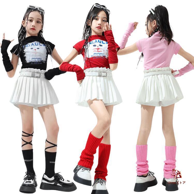 キッズ ダンス衣装 ピンク 黒 赤 白 トップス スカート へそ出し 猫