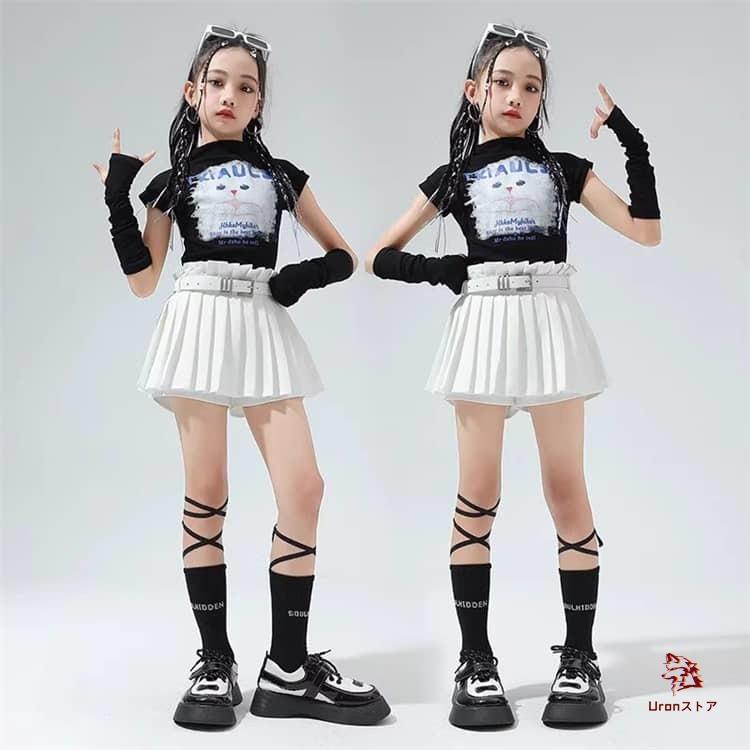キッズ ダンス衣装 ピンク 黒 赤 白 トップス スカート へそ出し 猫