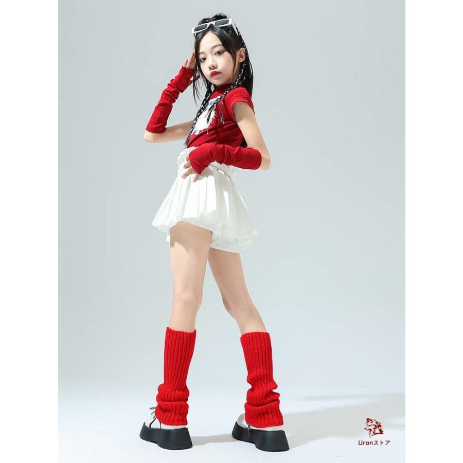 キッズ ダンス衣装 ピンク 黒 赤 白 トップス スカート へそ出し 猫