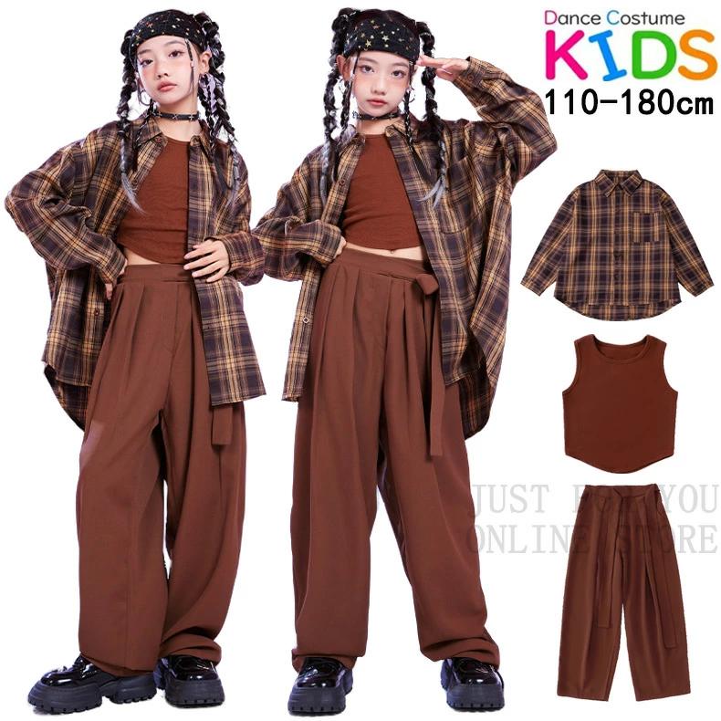 チェック柄 長袖 シャツ ブラウン へそ出しシャツ 子供服 セットアップ
