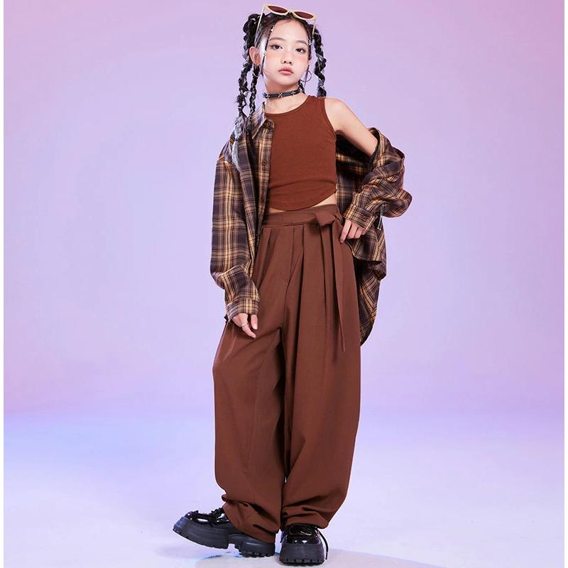 チェック柄 長袖 シャツ ブラウン へそ出しシャツ 子供服 セットアップ